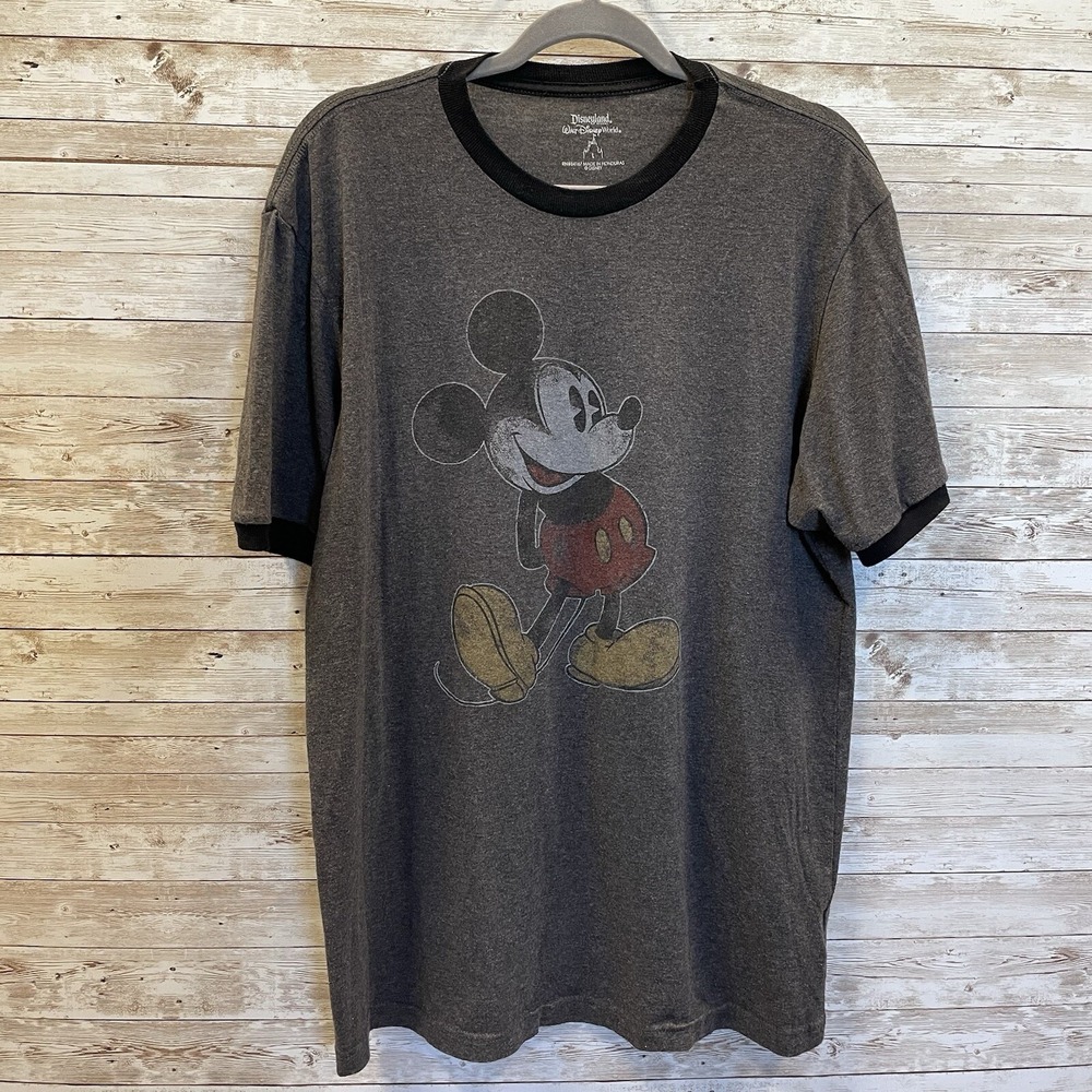 Disney Parks Mens Size L Shirt Mickey Mouse Graphic Ringer Tee Gray T-Shirt